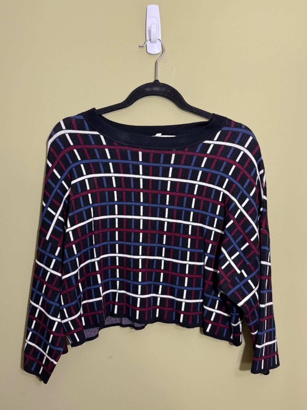 BCBG Striped Cropped Drop-Shoulder Knit Sweater in Black, Navy & Burgundy